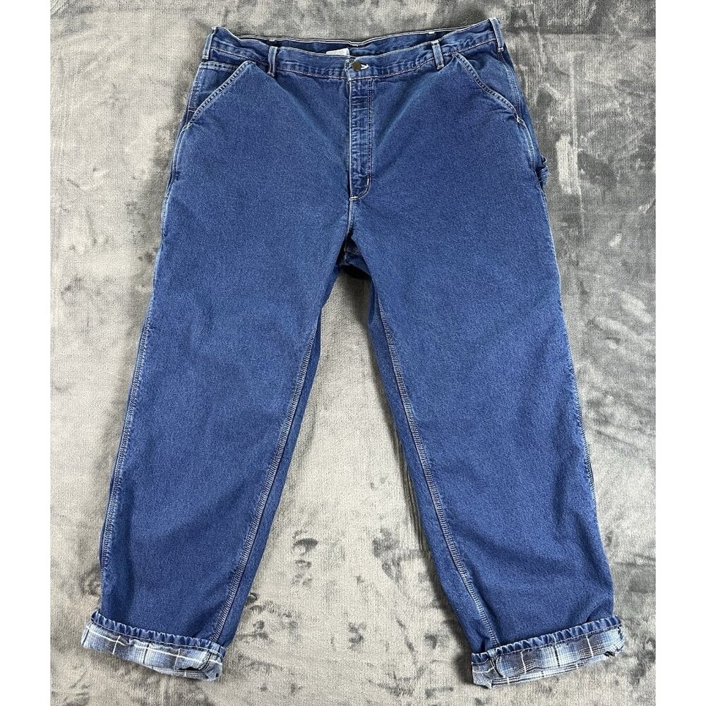 VTG Carhartt Flannel Lined Carpenter Denim Blue Jeans B14 DST USA Mens 42x32